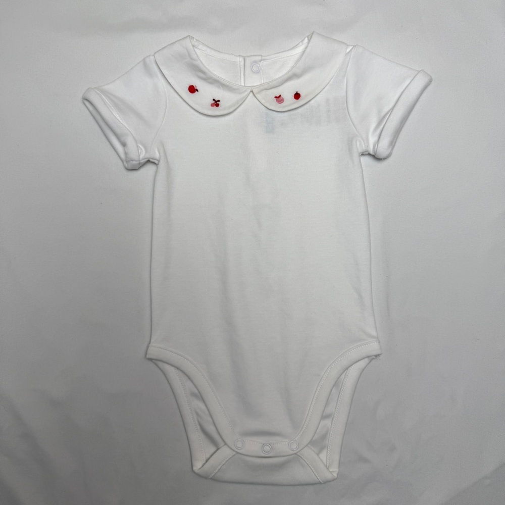 Jacadi Paris White Cotton Onesie with Berries and Cherries and Fruit Embroidery